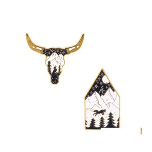 Pins Brooches Animal Ox Head Night View Knapsack Unisex Alloy Mountain Tree Moon Lapel Pins For Cam Travel Enamel Badge Clothes Dro Dhpio