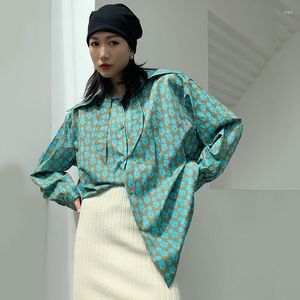 Kobiety Polo Polo koszule kobiety 2023 Autumn Tops Lapel Loose Koreańska wersja modowa drukowanej top z długimi rękawem zielonym