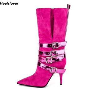 Heelslover Women Winter Mid Calf Boots Thin Cheels Cheels Buckle Strap مدببة إصبع القدم الجميل Fuchsia Club Shoes سيدات الولايات المتحدة الحجم 5-13