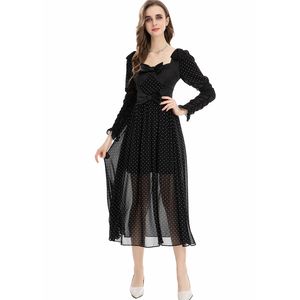 Women's Runway Dresses Square Neckline Long Sleeves Bow Detailing Polka Dots Printed Elegant Fashion High Street Vestidos