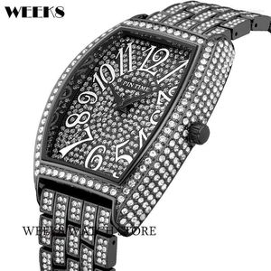 Wristwatches Tonneau Shaped Mens Watches Luxury Iced Out Watch Full Diamond Stainless Steel Big Number Male Rose Gold Relogio Masculino Relo