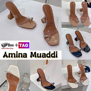 Amina Muaddi Sandalias Mujeres Sami 95 zapatos de vestir de sandalia de cuero de patente PVC con caja tacones altos de plataforma