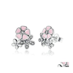 Stud Luxury 925 Sterling Sier Poetic Daisy Cherry Blossom Drop Earrings Clear Pink CZ Flower Women Engagement Studs for Fashion Deli OTRK1