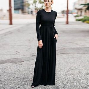 Vestidos casuais mulheres maxi solto na primavera de manga longa vestido de festa noturna com bolso sólido o pescoço preto