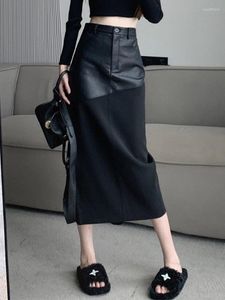 Skirts PU Leather Patchwork Midi Women High Waist Casual Straight Superior Skirt Office Lady Long Slim Package Hip Black