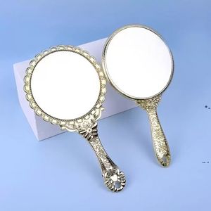 Hand-held Makeup Mirrors Romantic Vintage Hand Hold Zerkalo Gilded Handle Oval Round Cosmetic Mirror Make Up Tool Dresser Gift tt0129