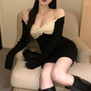 Casual Dresses Super Sexy Girl Little Black Mini Dress Knitted Stitch Cross Front Slash Neck Party Long Sleeve Hip Pencil Club