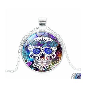 Pendant Necklaces Classic Mexican Sugar Skl For Women Men Flower Skeleton Glass Cabochon Chains Day Of The Dead Holiday Jewelry Drop Otpe0