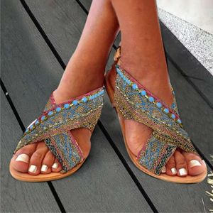 Slippers Ballerina Women Fashion Color Matching Strap Rhinestone Flat Shoes Women's Sandals Buckle SlipperSlippers