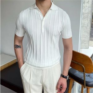 2023 Spring Summer Knit Polo Shirt Men Casual Turn-down Collar Button Fashion Striped Solid Slim Tops Ice Silk Cotton T-shirt S-2XL