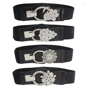 Belts 5cm Black Elastic Wide Belt Flower-shaped Diamond-studded Pair Buckle Girdle Women's Fashion Dress Decorative Waist