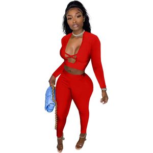 New Designer Two Piece Sets Women Tracksuits Spring Autumn Outfits Long Sleeve Hollow Out Crop Top and Pants Matching Sets Solid Sportswear Sexy Club Wear 8197