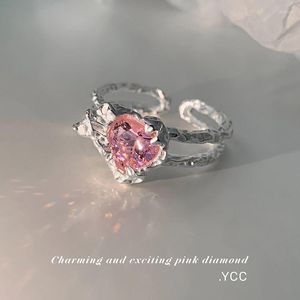 Wedding Rings Kpop Pink Love Heart Open Ring For Girls Women Luxury Vintage Goth Grunge Aesthetic Crystal Jewelry EMO Y2K Accessories