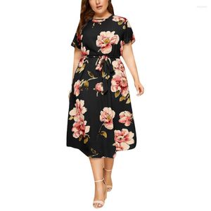 Party Dresses Women Black Summer 2023 Floral Casual Elegant Urbano Plus Size Clothing For Fat Mm O-Neck Short Vestidos L-5xl Robes