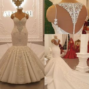 Luxurious Arabic Dubai Marjoring Beadings Wedding Dresses Sheer Back Spaghetti Straps Mermaid Appliques Sequins Crystals Ruched bridal gowns BC14948
