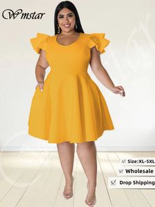 Sukienki plus size rozmiar Wmstar dla kobiet eleganckie impreza solidne marszczenia rękawowe duże hem midi sukienka hurtowa kropla 230130