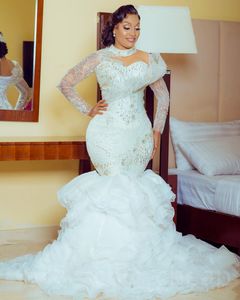 Düğün Seaty Denizkızı Elbiseler Afrika Yüksek Boyun İllüzyon Dantel Aplikler Kristal Boncuk Uzun Kollu Vestidos De Novia Gelin Gowns Ruffles Katmanlı