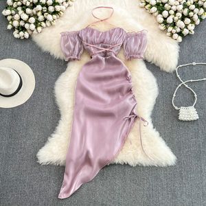 Light Luxury Casual Dresses High-End Robe Femme Slash Neck Suspenders Vestidos Slim Thin Drawstring Oregelbundet Hip Package Purple Dress 2023