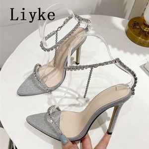 2023 Ny Sexig spetsig t￥ kvinnors sandaler Fashion Cystal Rhinestone Chain Strap Summer High Heels Party Prom Shoes Silver 0129