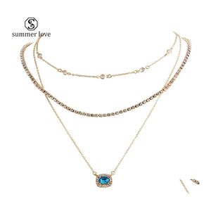 Collane a sospensione Vintage Mtilayer Gold Geometry Blue Rhinestone Chain Necklace per donne Valentino Gioielli di consegna a goccia Delivery Dhdm1