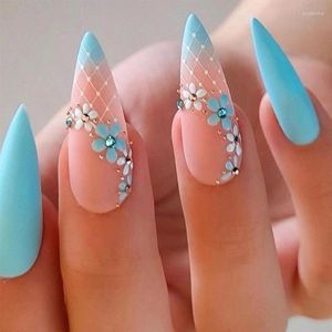 False Nails Blue Matte Nail Tips Press On Pink Flower Lace Mesh Design Full Cover Art Frosted For Fake