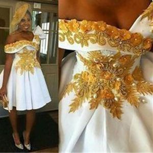 Kwiaty 3D Kryształy w szyku V-Neck Gold Lace Womens Formal African Ladies Party White Krótkie sukienki wieczorowe 2023