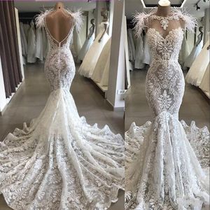 2023 Sexy Luxury Mermaid Wedding Dresses Feather African Jewel Neck Illusion Full Lace Appliques Crystal Beading Backless Vestidos De Novia Formal Bridal Gowns