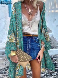 Kvinnors blusar skjortor Zanzea Women Cardigan Summer Open Front Bohemian Floral Printed Blue Kimono Casual Loose Beach Tops Vintage Long Sleeve Blusa 230130