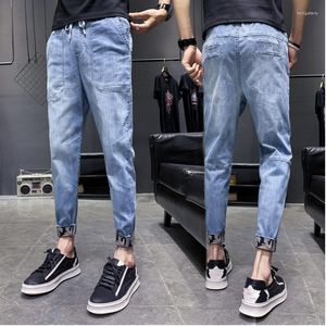 Erkek kot pantolon erkekler ince moda yıkanmış elastik bel rahat denim pantolon adam sokak kıyafeti hip hop kovboy erkek kıyafetler