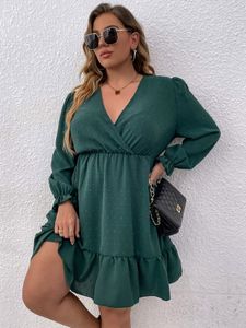 Plus size Dresses Size Ruffles Midi Dress 4XL Long Sleeve V Neck Green Elegant Casual Party Summer Autumn Vintage Clothing 230130