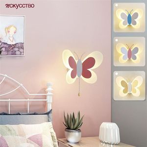 Lampa ścienna Pokój dziecięcy akrylowy motyl LED z przełącznikiem ciągnącym trójkolorowe Zmienna dla dzieci sypialnia sypialnia nocna światła nocne