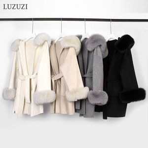 Women's Wool Blends LUZUZI Elegant Real Fur Coat Winter Jacket Women 100% Natural Fur Collar Cuffs Cashmere Wool Blends Oversize Outerwear 230130