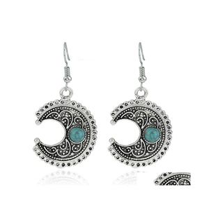 Dangle Chandelier Bohemian Vintage Turquoise Moon Earrings Female Accessories Korean Sier Hollow Curved Jewelry Drop Delivery Dhuc2