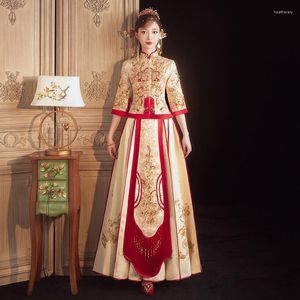 Etnisk kläder Champagne Vintage Sequin Beads broderi Cheongsam Chinese Style Brud Dress Oriental äktenskapsdräkt