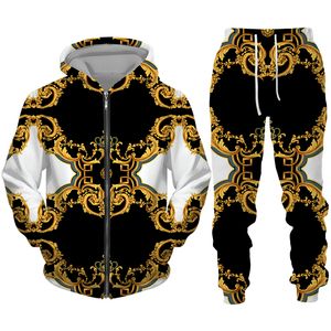 Herrspårsfall Luxury Golden Pattern Men's 3D Print Zipper Hoodie/Tracksuit Set Baroque Court Crown Vintage Street Wear Män/kvinnor Kläder kostym 230130