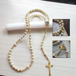 Łańcuchy długi krzyż wisiorek złota akrylowa okrągła koralika różaniec naszyjnik vintage Jezus religijne unisex darem biżuterię