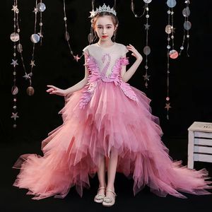 Vestidos fofos Crystal Lace Apliquesado 3d Flor Girl Pageant Sexy Tutu Ruffle Ruffle Salia Vestidos de Aniversário de Trem 403