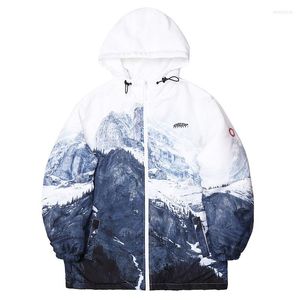 Erkekler Down Erkekler Sokak Giyim Parka Snow Mountain Boyama Baskı Ceket Windbreaker Harajuku Kalın Kış Sıcak Yastıklı Dış Giyim Paltoları