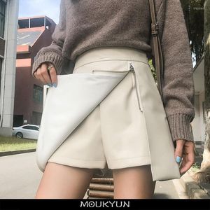 Kvinnors shorts Moukyun Beige Zipper läderkjol Kvinnor minikjolar för kvinna sexig hög midja vinter pu blyerts femme saias faldas