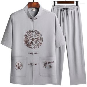 Erkekler Trailtsits Erkekler Tang Suit Hanfu Retro Rahat Terzini 2 Parça Set Nakış Moda Kısa Kollu Gömlek Elastik Belteli Sweatpants