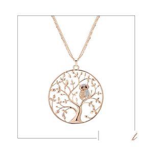 Hänge halsband Small Owl Tree of Life Necklace For Women Rhinestone Rose Gold tröja Långt uttalande smycken Bijoux Drop de Dhnqu