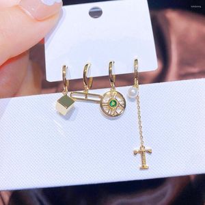 Серьги обруча мигги 4pcs зеленые хрустальные римские цифры, установленные для женщин, золотой цвет геометрические украшения