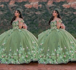 2023 Modest Sage Green Quinceanera Dresses Pink 3D Flowers Floral Lace Applique Ball Gowns Princess Sweet 16 Girls Party Graduation Dress Tulle