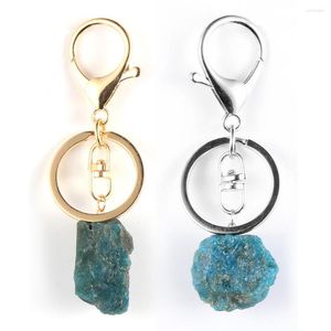 Keychains Women Men Natural Blue Apatite Fosforit Oregelbundet Gem Stone Quartz Key Chain Gold Silver Color Rings Keychain Jewelry