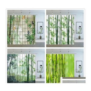 シャワーカーテングリーン竹製スプリング植物の風景鳥蝶の葉の幾何学的パターンバスルーム装飾布布カーテ