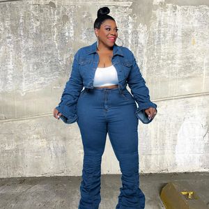 Women's Plus Size Tracksuits Sets Clothing Women Two Piece Set Fall Outfits Long Sleeve Denim Coat and Jeans Stacked Pant Drop Wholesale 230130