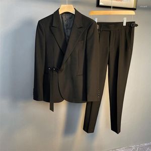 Herrenanzüge Vintage Männer Doppel Breastted Gurt Blazer Bräutigam Hochzeit Slim Fit Anzug Geschäftsmann Herbst Formale zweiteilige Set