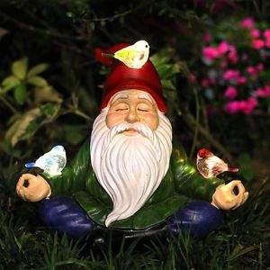 Lâmpadas de chão Jardim solar Gnome estátua gnomos engraçados decoração com três pássaros resina esculturas ao ar livre estátuas para pátio no jardim