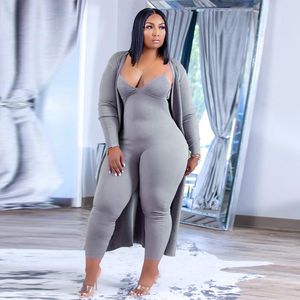 Women's Plus Size Tracksuits Loungewear Women Sexy Outfits Two Piece Sets Ribbed Slip Jumpsuits and Long Sleeve Coat Wholesale Drop 230130