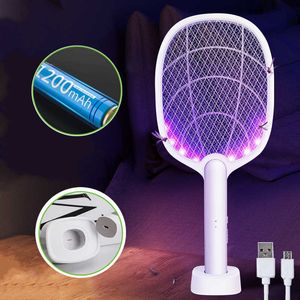 Pest Control 2 In 1 Mosquito racket USB Rechargeable Fly Zapper Swatter with Purple Lamp Seduction Trap Summer Night Baby Sleep Protect tools 0129